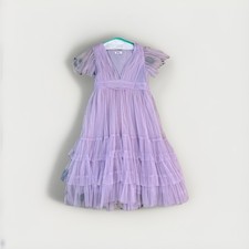 Showpo Lavender Tulle Midi A-Line Dress US 14 Ruffle Sheer V-Neck Puff Sleeve