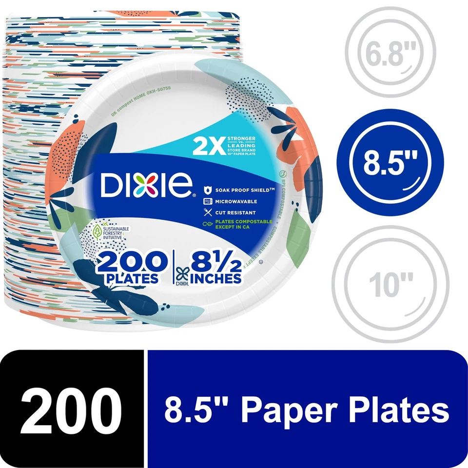 Dixie Everyday Disposable Paper Plates, 8.5", Multi-Color, 200 Count