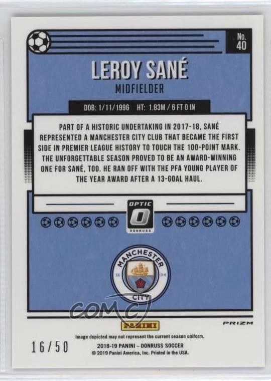 2018-19 Panini Donruss Optic Red Velocity Prizm /50 Leroy Sane #40 - Image 2 of 2