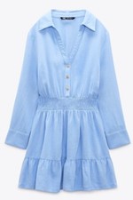 Zara Small short blue dress ruffle bottom Linen blend