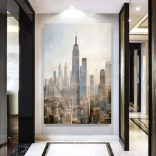 Hand-Painted Modern Abstract Oil Painting On Canvas Living Room Grey City