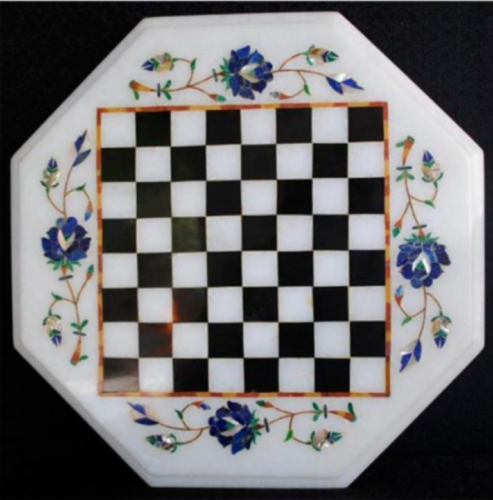 18" White kids game Chess Marble Table Top  Inlay Malachite Inlay Decor C105 - Afbeelding 1 van 4