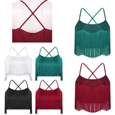 Womens Crop Top Cross Back Latin Sleeveless Dance Tops Tassel Trim Stage Cami