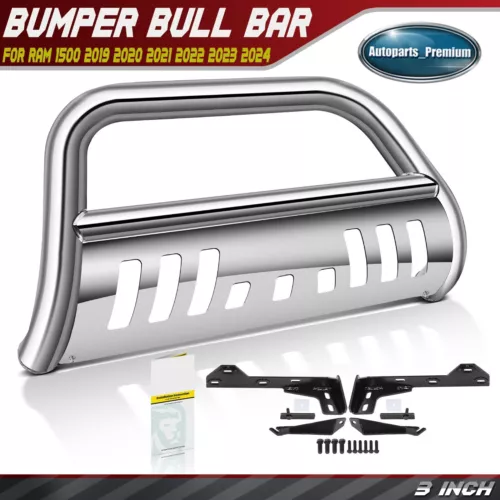 New 3 Inch Bull Bar Bumper Grille Guard with Skid Plate for Ram 1500 2019-2024