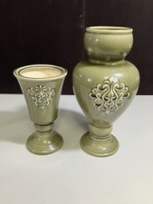 Vintage Set Of  2 Green Floral Ceramic Pottery Vases  12” & 9” Tall