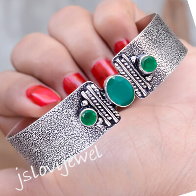 Green Onyx Multi Cut Gemstone Bangle 925 Sterling Silver Handmade Bracelet