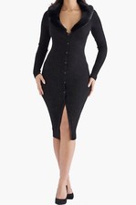 HOUSE OF CB Raine Faux Fur Trim Long Sleeve Rib Dress NWT Size XS