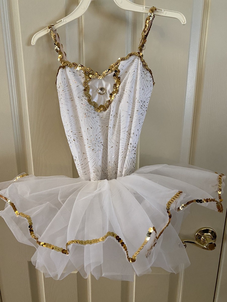 Curtain Call dance costume KIDS 10C White Gold Sequ Tutu Ballet competition