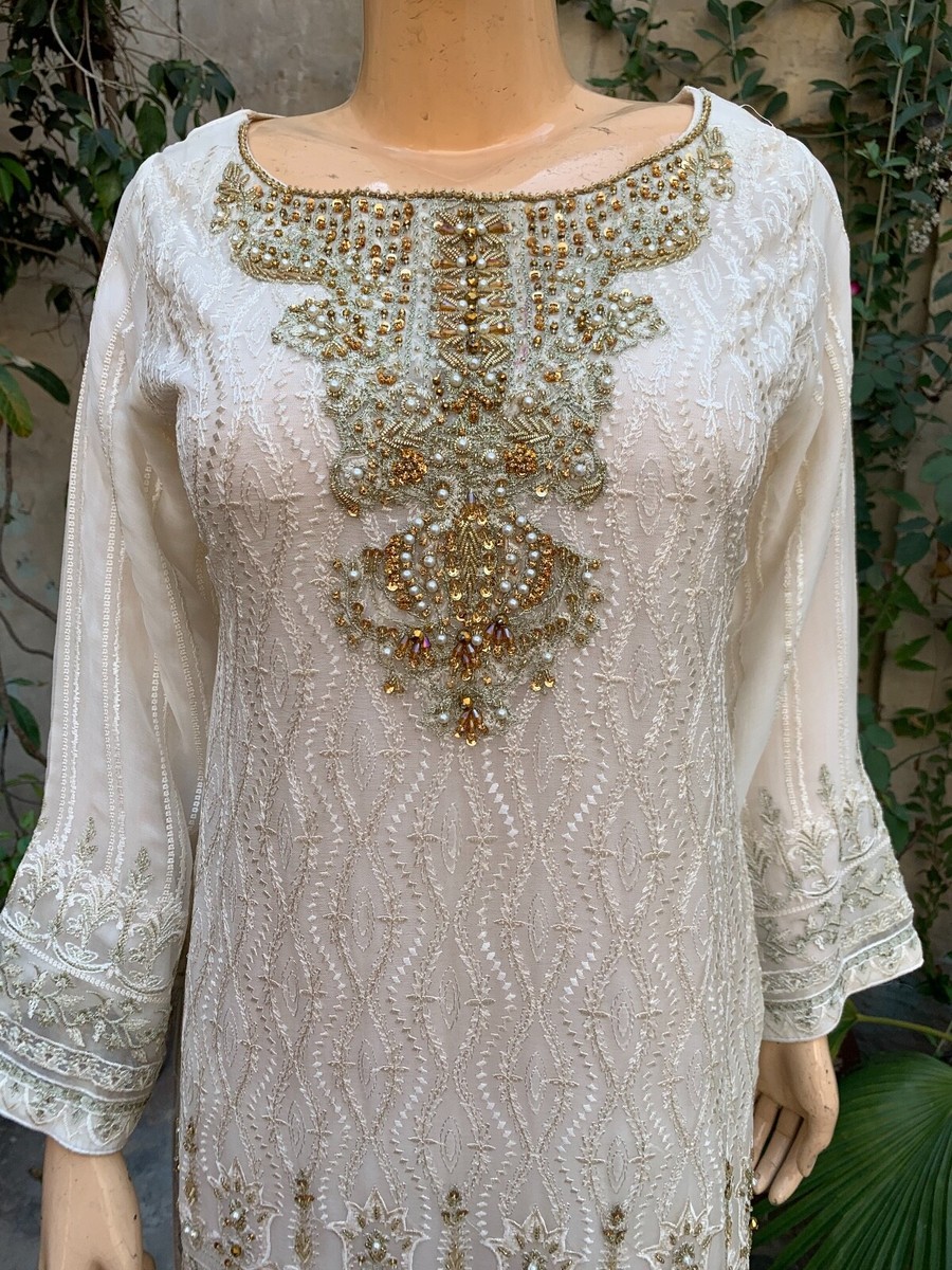 Pakistani Off White Straight Style Embroidered Sequins Chiffon Dress,L |  eBay