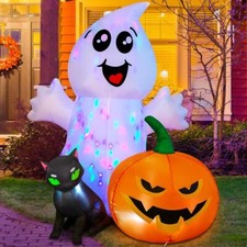 Halloween Inflatable 5FT Ghost with Black Cat and Pumpkin, Built-in LEDs Blow Up