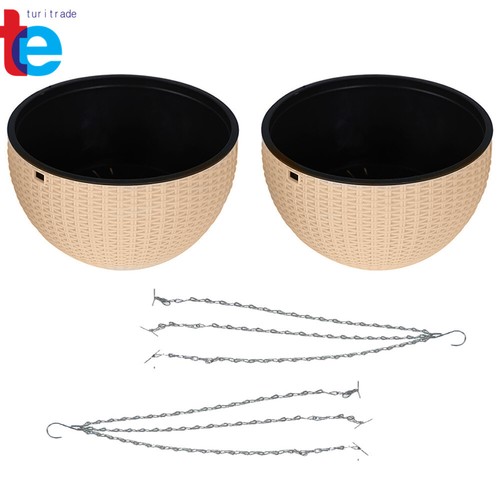 2 Pack 8‘’ Round Hang Basket Plastic Khaki Vine Planters Flowers Garden Pots