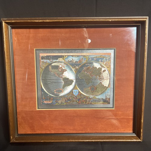Vintage Repro 1643 Latin World Atlas Beautiful Foiled Map in Wood Frame 10 X 12