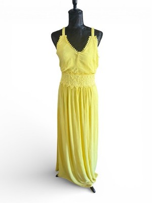 NWT Nina Leonard Canary Yellow Maxi Dress Lace Waist Boho Small Spring Summer
