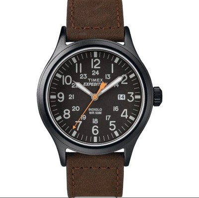 Timex Men's Expedition Scout 40mm Watch   Black Case Brown Leather Strap New