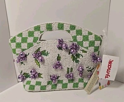 New Release Handcrafted in India Checkered Purple Grape Beaded Bag Viral TikTok