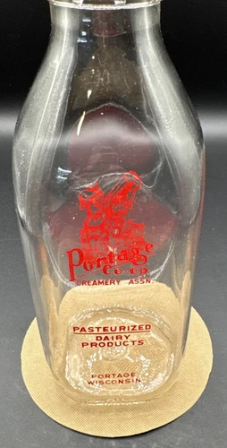 Vintage PORTAGE CO-OP CREAMERY 9" Clear Glass Square 1 Quart Milk Bottle