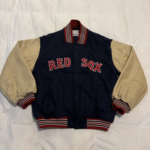 Vintage MAJESTIC Boston Red Sox Bomber Jacket Blue Wool Beige Leather Mens XL