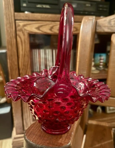 Vintage Fenton Ruby Red Hobnail Glass Basket