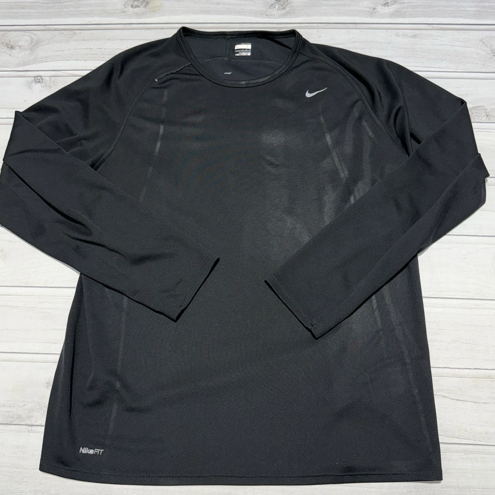 Nike Shirt Mens L Black FIT DRY Swoosh Long Sleeve Crew Neck 331977 010 VTG Y2K