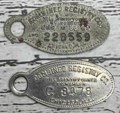 2 Vintage Lost Key Return Tags Fobs Combined Registry Co Chicago $1 Reward