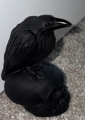 ￼Black Obsidian Carved Crystal Stone Raven On Skull Figure Crow Gothic Bird