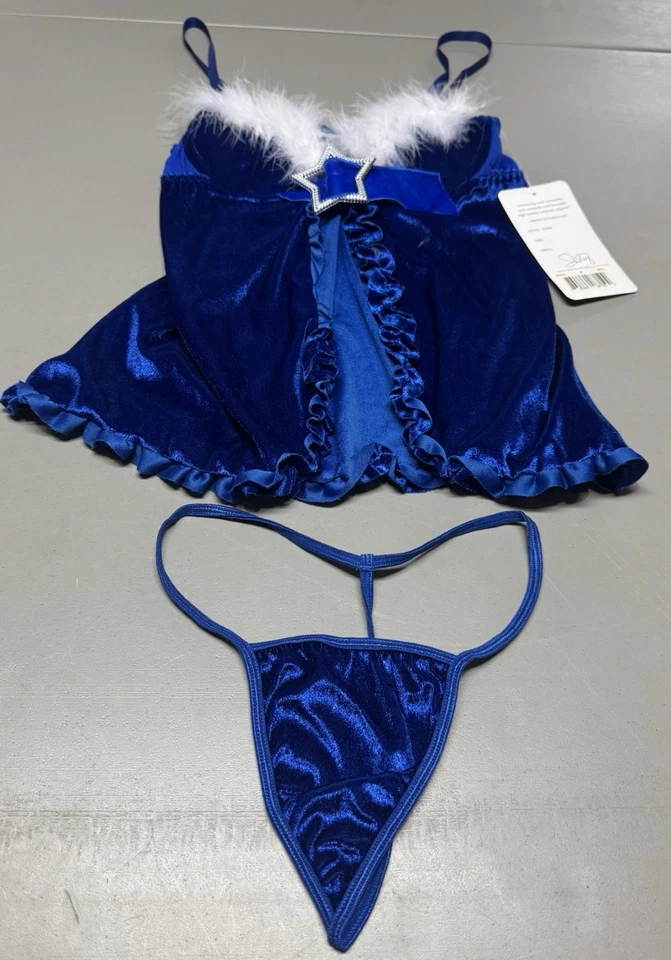 全新 复古 2 件装 好莱坞 Shirley Sm 皇家蓝色天鹅绒/白色羽毛迷彩/丁字裤 — 第 4/4 张图片