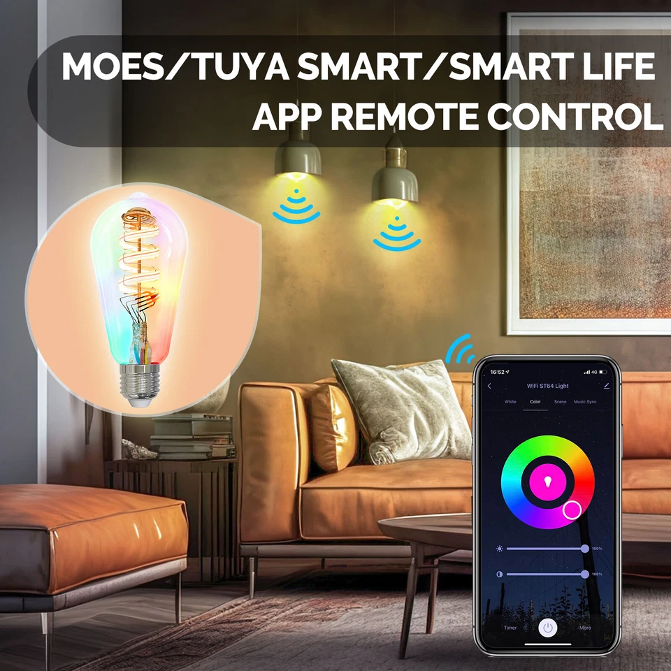 MOES 2Pack Smart WiFi ST64 Edison LED Light Bulbs Multicolor CW&RGB Dimmable 40W - Image 3 of 4
