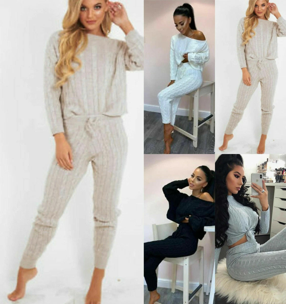 Women's Ladies Casual Lounge Wear Cable Knitted Baggy Set Suit Tracksuit UK  8-14