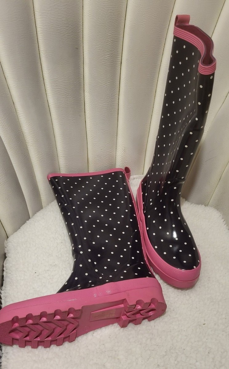 J Crew Womens Polka Dot Knee High Rain Boots Black and Pink