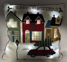 Christmas Throw Pillow Pier 1 Winter Village LED Lights Up Embroidered