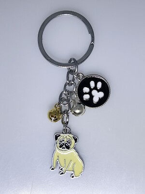 Pug Dog keychain, new in package, enameled with bells