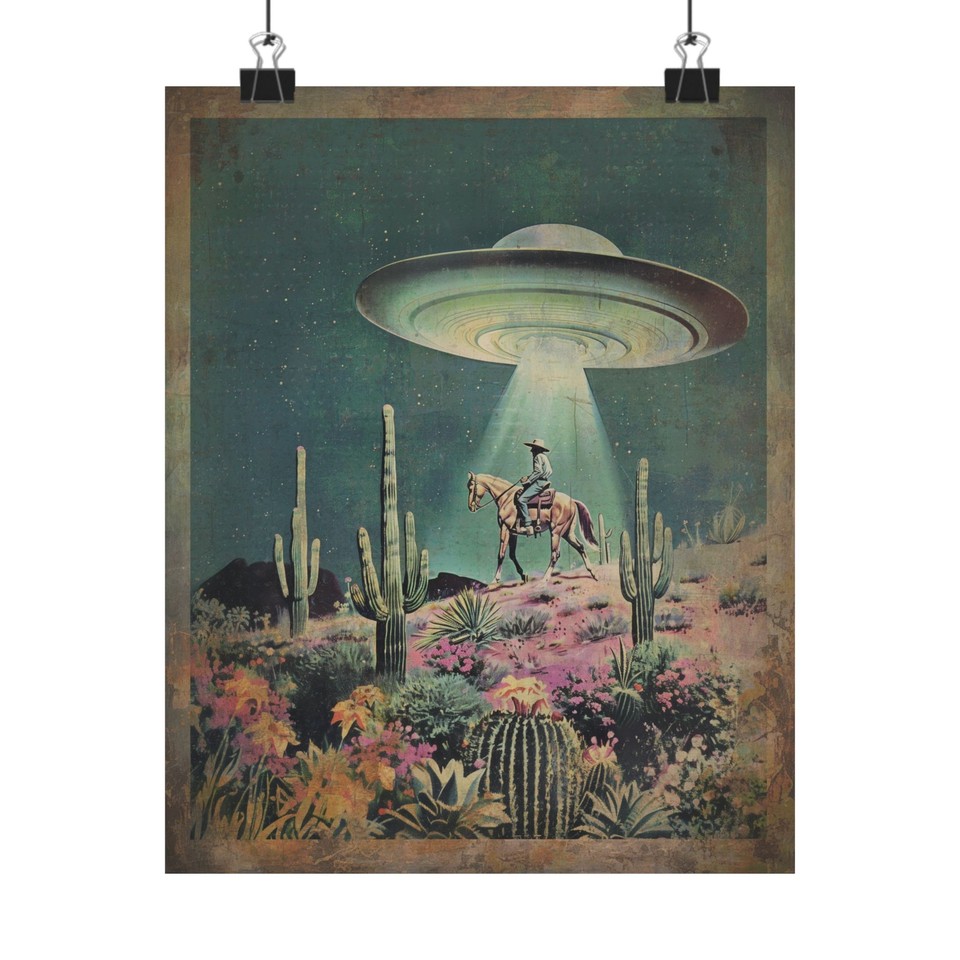 UFO Cowboy meets alien sci-fi Western in one surreal print — cactus, UAP, and frontier vibes fused into something genuinely unexpected.