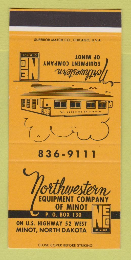 Matchbook Cover Northwestern Equipment Minot ND Tractors 30 Strike