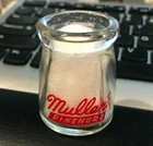 VINTAGE MULLER'S PINEHURS DAIRY ROUND GLASS MILK CREAMER 1 3/4" RED PYRO 1 SIDED