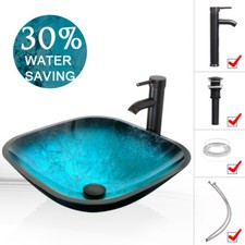 Square Glass Vessel Sink Faucet Pop Up Drain Artistic Tempered Bowl 1.5GPM Combo