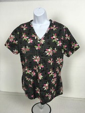 SB Scrubs Womens Scrub Top Size M Gray w Colorful Flowers Short Sleeves Pockets