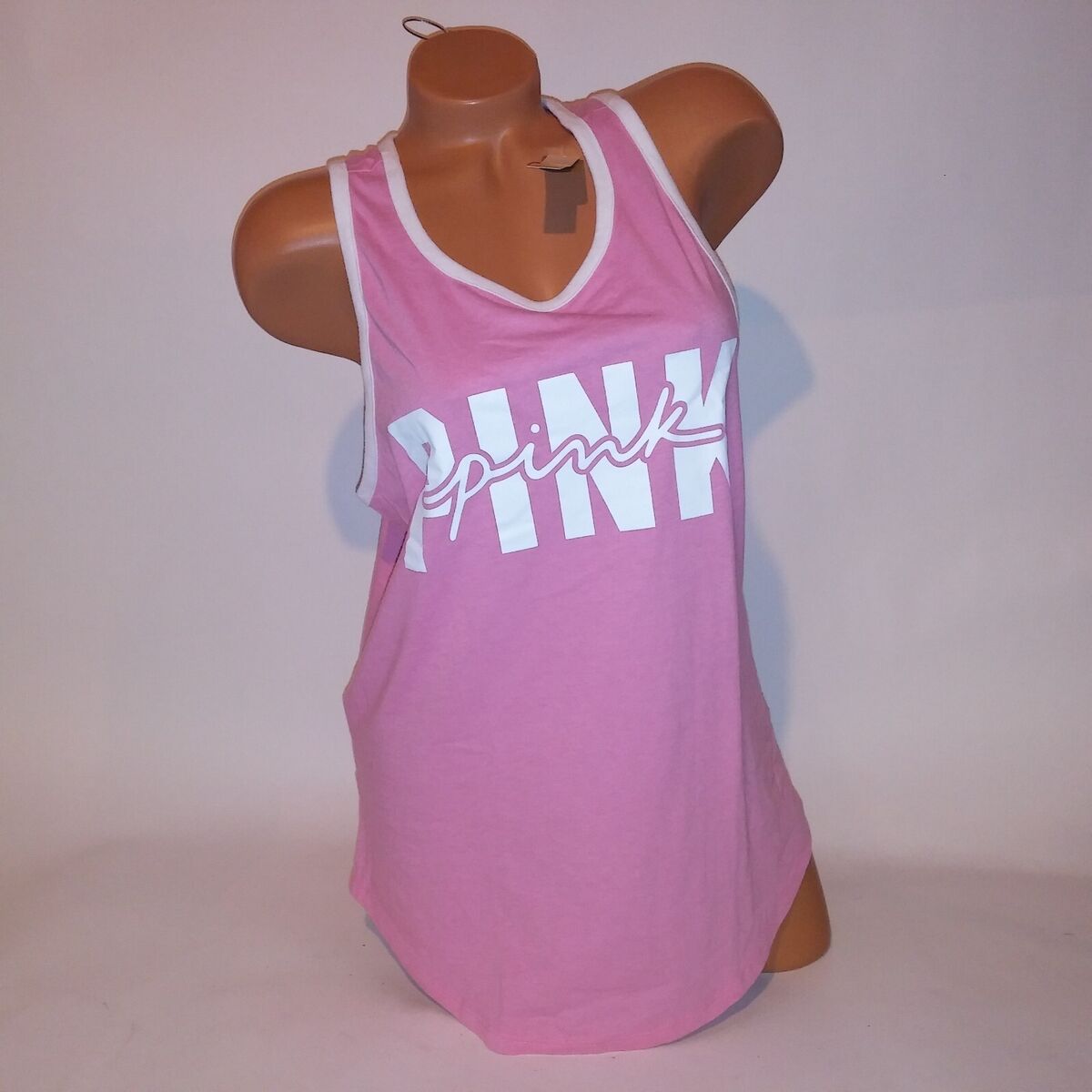 Victoria Secret PINK Tank Top Pink White Logo Racerback Sleeveless