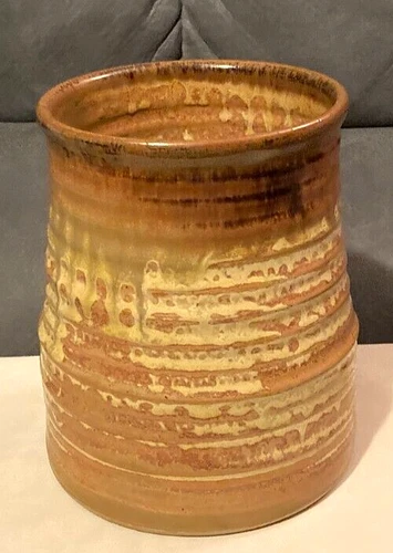 VTG Hand Turned Studio Artisan Pottery Drip Glaze Vase/Crock-Signed SG-7" H-EUC