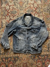 CHANEL Women's Blue Denim ButtonFront Embroidered Logo Jacket Collared Pockets34