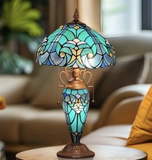23 Vintage Tiffany Stained Glass Table Lamp - Green Victorian Lamp 3 Lights.