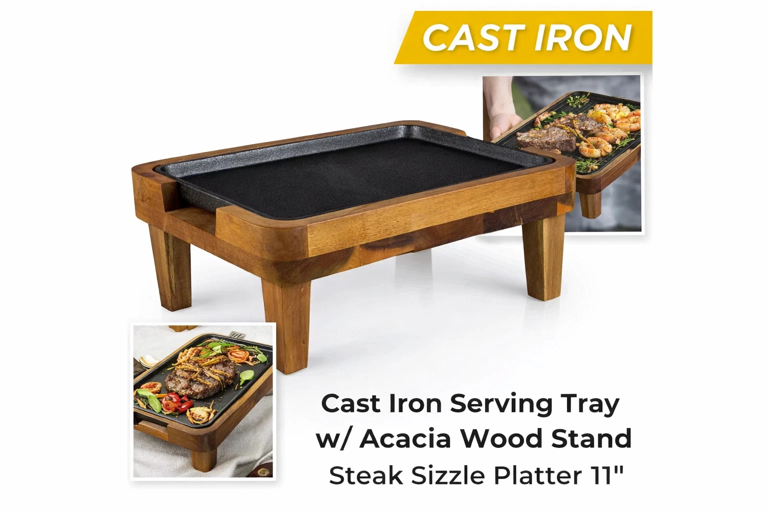 Steak Sizzle Platter Cast Iron Serving Tray w/ Wood Stand 11" Serving Board
