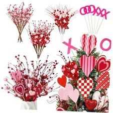 42 Pcs Pink and Red Glitter Valentines Picks and Sprays Decorations, 6 Styles