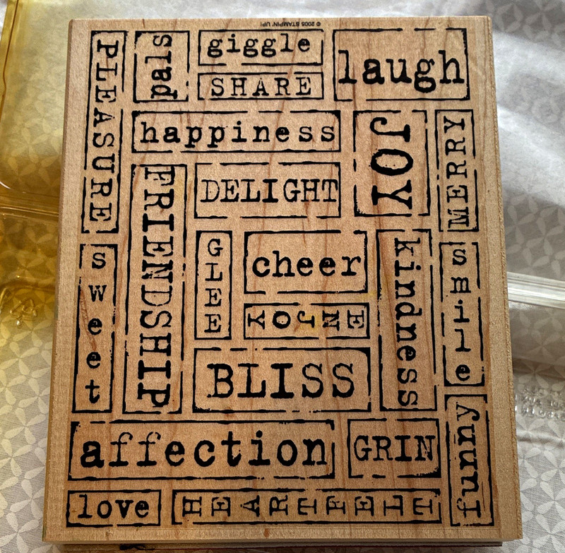 Stampin' Up! Wood Mounted Word Collage Rubber Stamp Laugh Joy Happiness Bliss