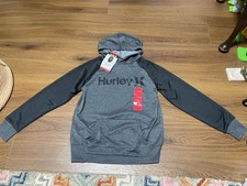 New Hurley Gray/Black Long Sleeve Hoodie Youth Size M 10/12 Sweatshirt H2O-Dri
