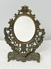 Antique Brass Filigree Tilt Mirror Vanity Table Victorian Baroque Rococo Revival