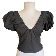 ABERCROMBIE & FITCH Cropped Puff Sleeve Blouse Top S Black Smocked Back Peasant