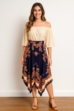 Ivory Navy Paisley Boho Midi Dress Womens M Off Shoulder Open Back Tie
