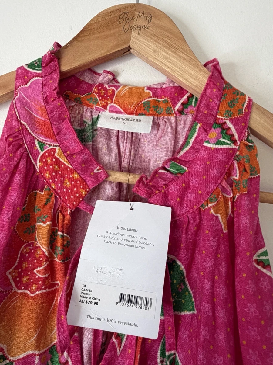 Sussan NWT 100% Linen Fuchsia Floral Ruffle Boho Tie Neck Sleeveless Top Sz 14
