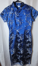 BLUE ORIGINAL CHINESE CHEONGSAM EVENING DRESS LG MAXI FLORAL EMBROIDERY SZ 36...