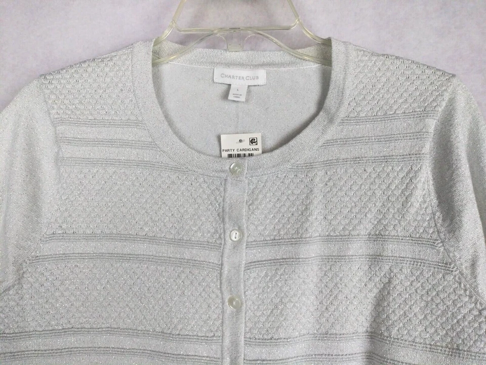 Charter Club Cardigan Sweater Womens L Silver Grey Metallic Stripe Textured - Image 2 of 4